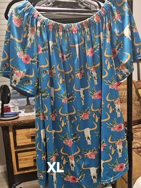 Blue Floral Longhorn Off-Shoulder Top